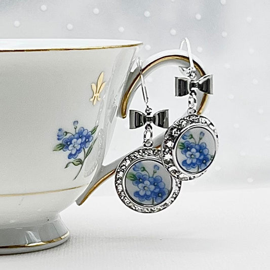 Crystal Forget Me Not Earrings, Broken China Jewelry, Unique Cottagecore Jewelry, Vintage Porcelain