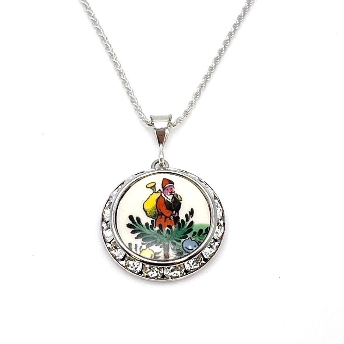 Broken China Jewelry, Crystal Necklace, Christmas Jewelry Gift for Wife, Spode Christmas Tree Santa Necklace