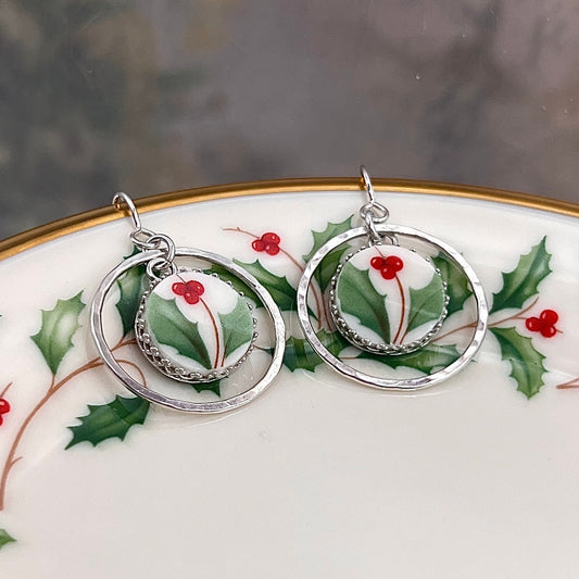 Lenox Holiday Christmas China, Hammered Silver Broken China Jewelry Earrings, Sterling Silver