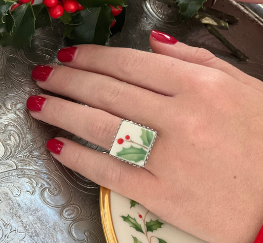 Square Ring, Lenox Holiday Christmas Ring, Broken China Jewelry, Stocking Stuffer Gifts for Her