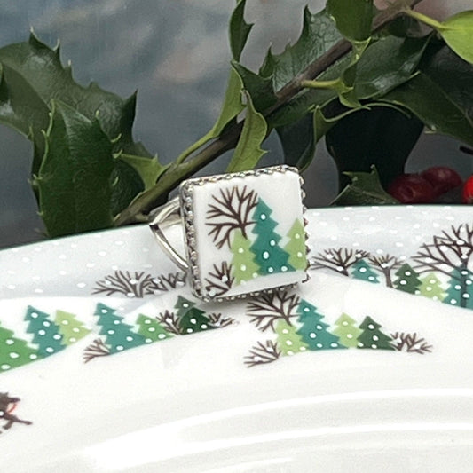 Square Ring, Lenox Sleighride Christmas Ring, Broken China Jewelry, Stocking Stuffer Gifts for Her