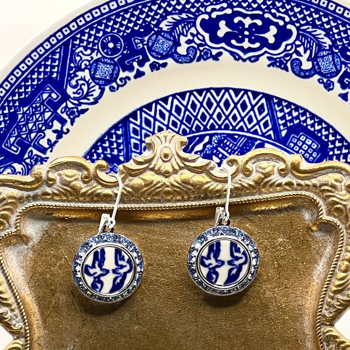Love Birds China Earrings, Blue Willow Broken China Jewelry, 20th Wedding Anniversary Gifts for Wife