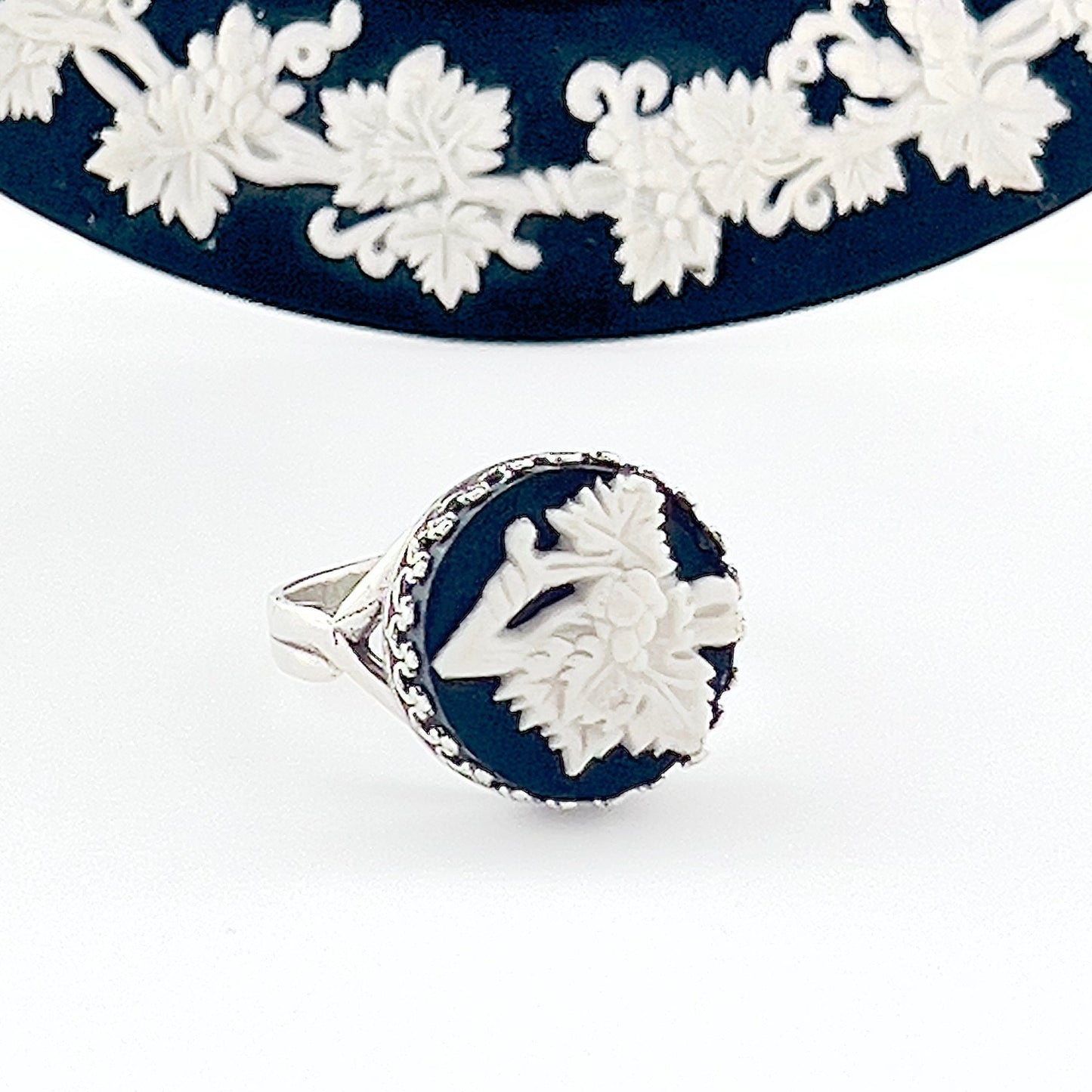 Wedgwood Black Jasperware Ring, Sterling Silver Adjustable Ring