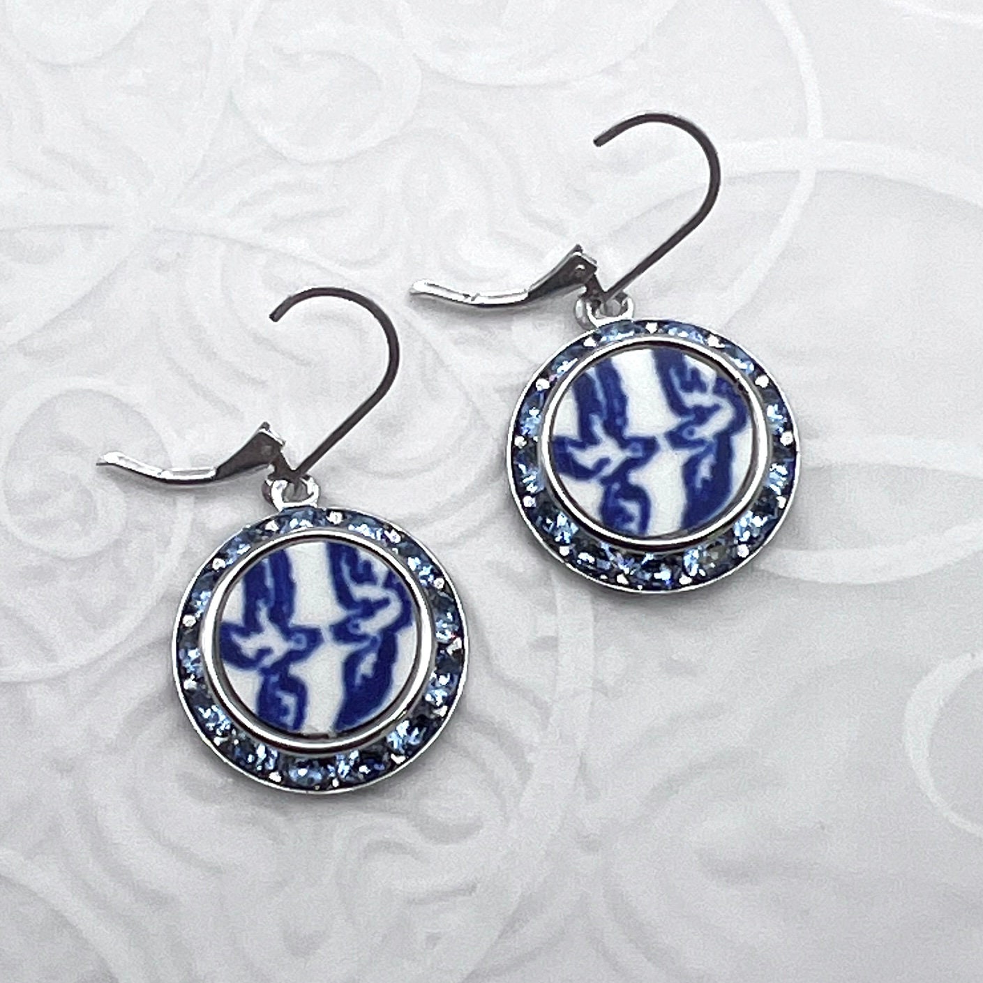 Love Birds China Earrings, Blue Willow Broken China Jewelry, 20th Wedding Anniversary Gifts for Wife