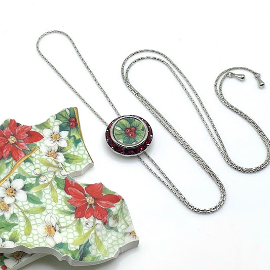 Christmas Red Crystal Lariat Necklace, Adjustable Broken China Jewelry, Bolo Tie, Stocking Stuffer Gifts for Women