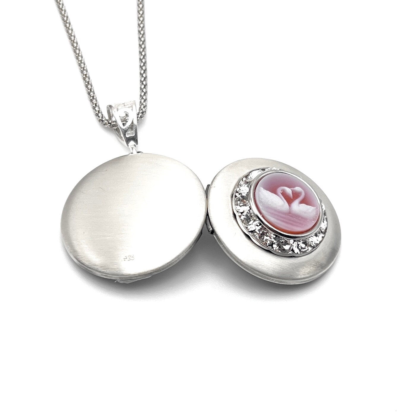 Romantic Swans Cameo Locket Necklace, Anniversary Gift for Wife, Gemstone and Crystal Jewelry