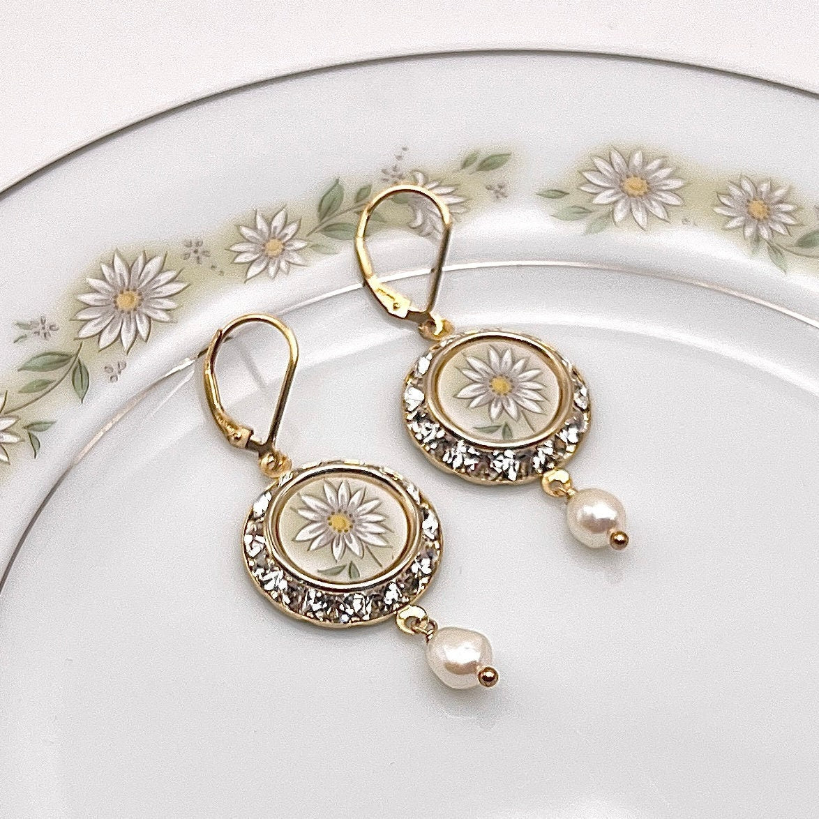 Traditional 20th Anniversary China Gifts for Wife, Gold Crystal & Pearl Daisy Earrings