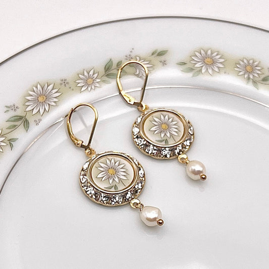 Traditional 20th Anniversary China Gifts for Wife, Gold Crystal & Pearl Daisy Earrings