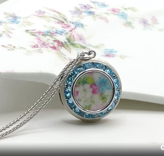 Adjustable French Limoges Photo Locket Necklace, Forget Me Not Flowers, Broken China Jewelry, 20th Anniversary Gift for Wife