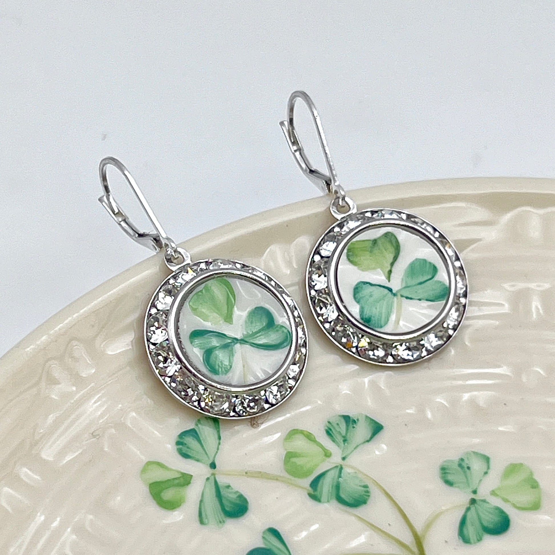 Belleek Irish China Crystal Earrings, Celtic Jewelry, Crystal Dangle Earrings, Belleek Broken China Jewelry, 20th Anniversary Gift for Wife