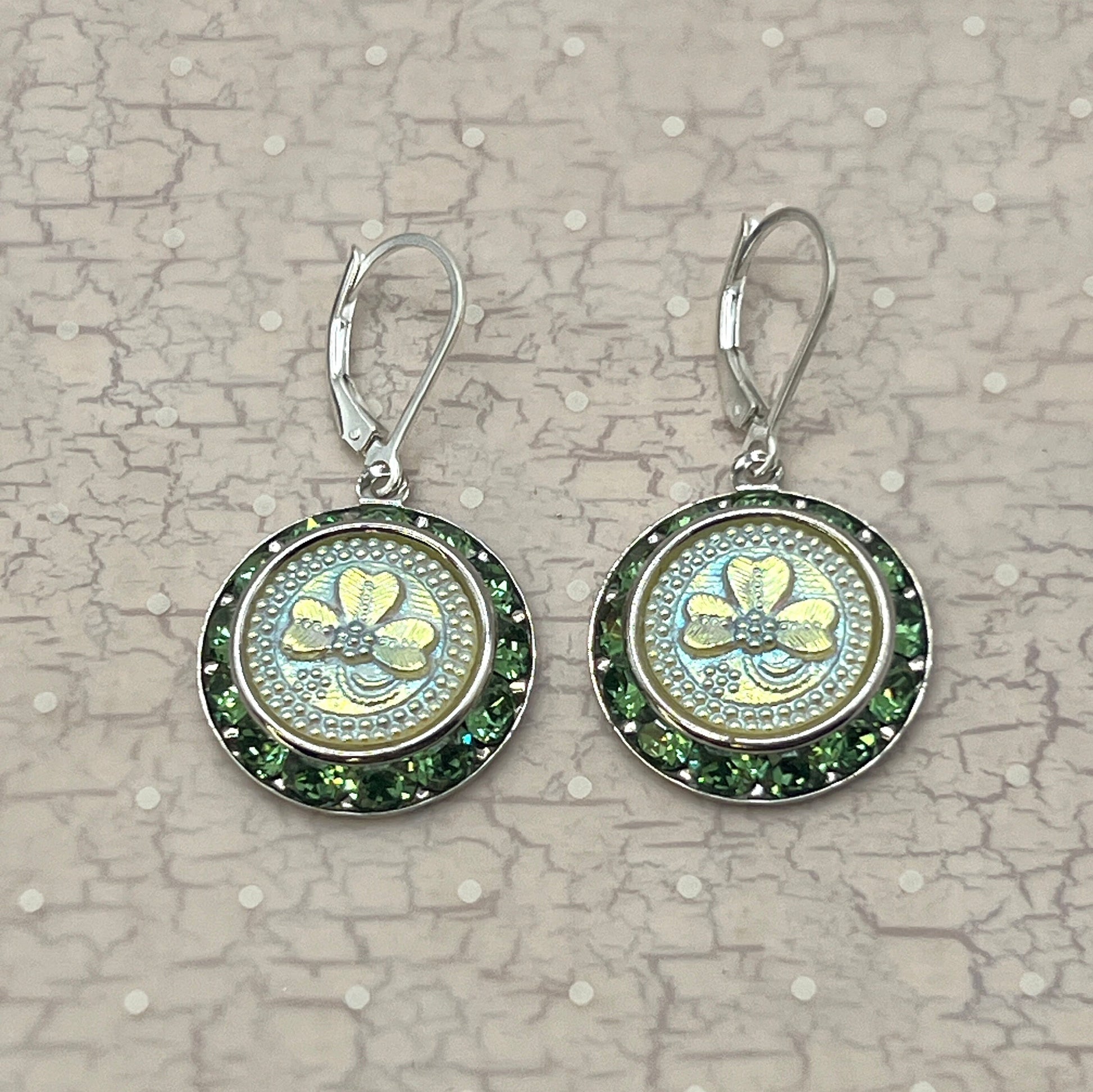 Irish Uranium Glass Shamrock Button Earrings