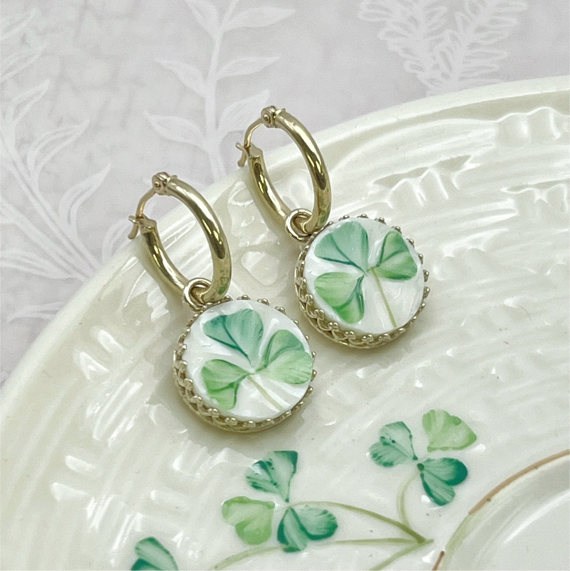 Belleek 14k Gold Hoop Earrings, Shamrock China, Broken China Jewelry, St Patricks Day Jewelry Gifts for Women, Irish Hand Painted China