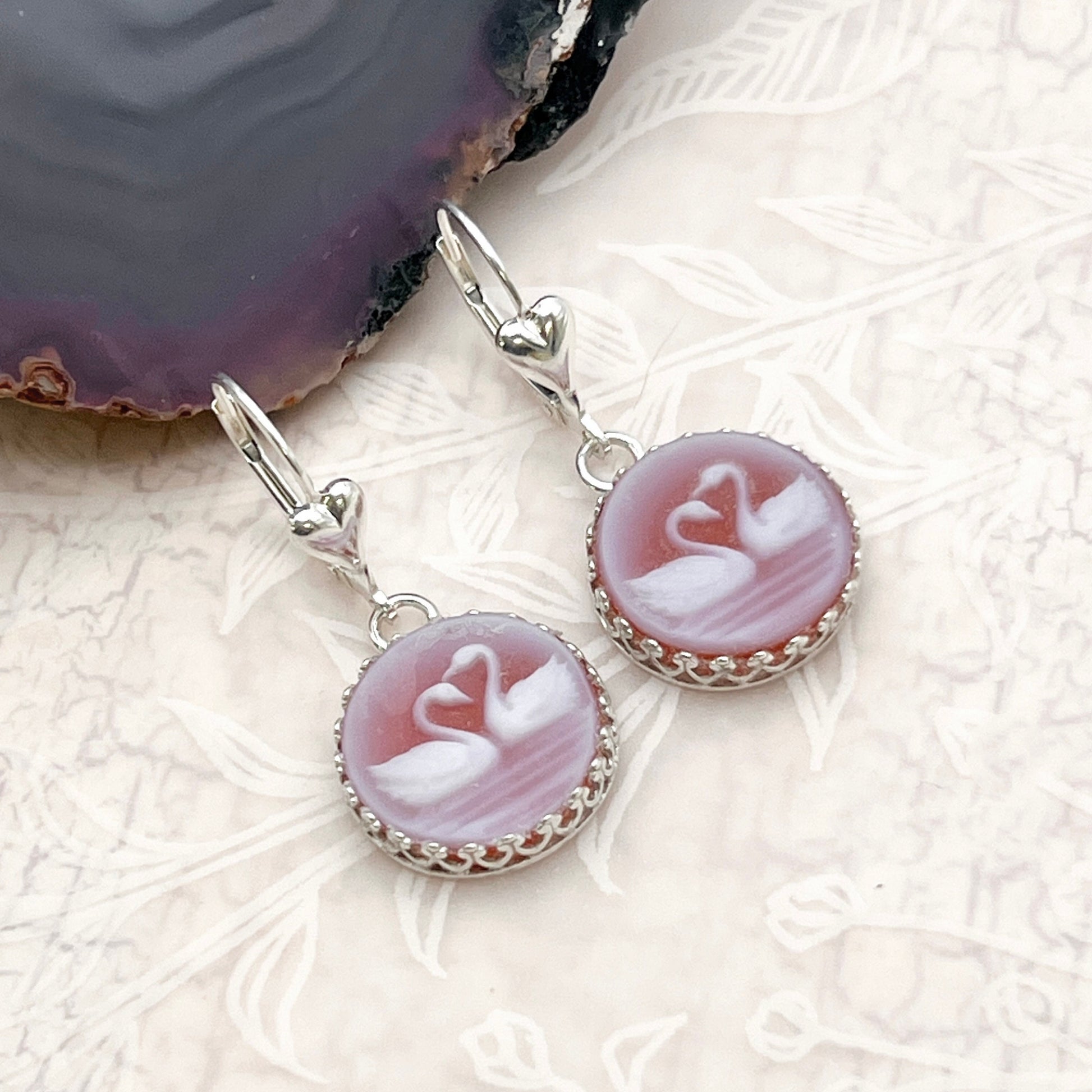 Gemstone Swan Cameo Earrings, Romantic Love Birds, Unique Anniversary Gifts for Wife, Sterling Silver Heart Earrings, Real Authentic Cameo