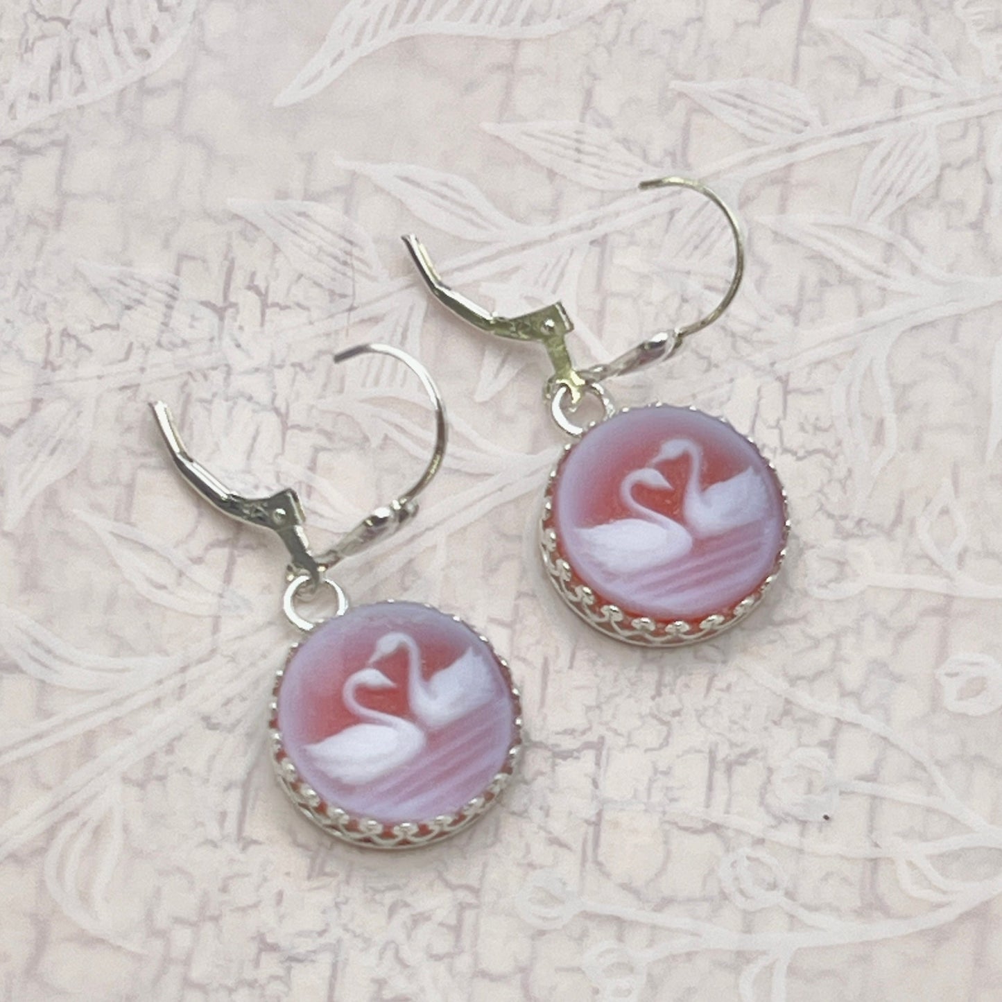 Gemstone Swan Cameo Earrings, Romantic Love Birds, Unique Anniversary Gifts for Wife, Sterling Silver Heart Earrings, Real Authentic Cameo