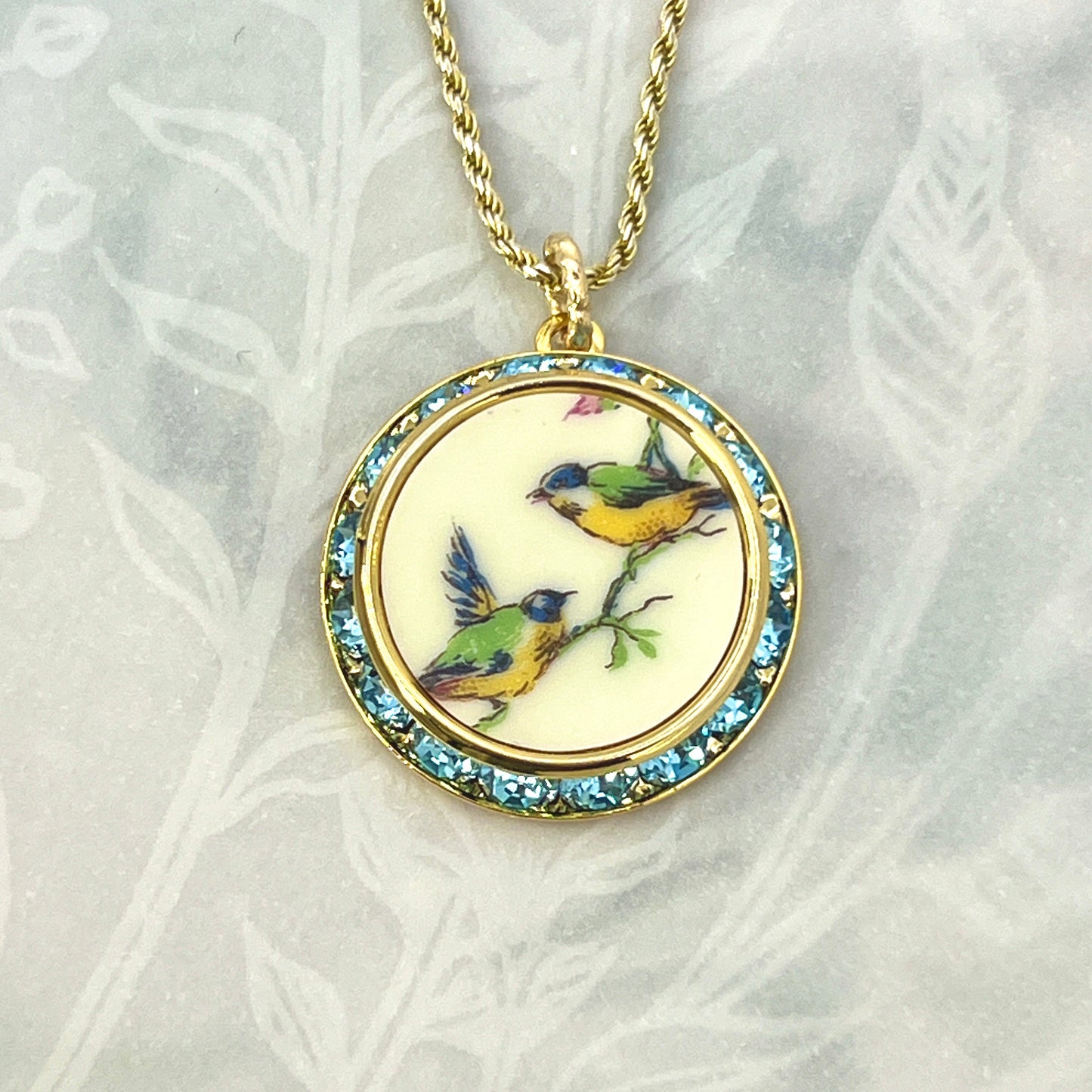 20th Anniversary Gifts for Wife, Antique China Love Birds Necklace, Gold Aqua Blue Crystal Necklace