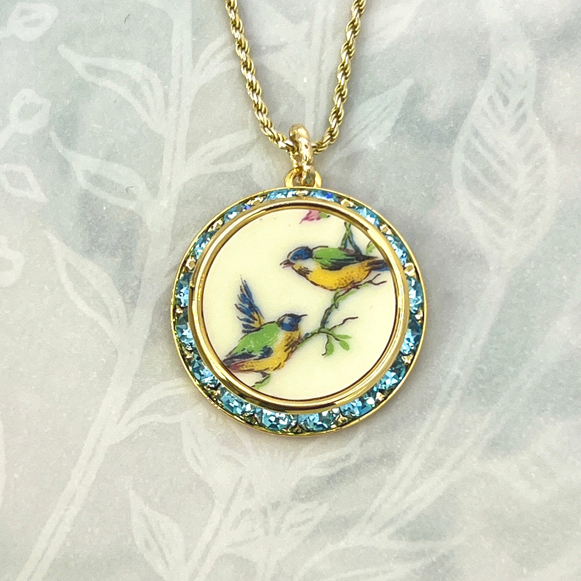 20th Anniversary Gifts for Wife, Antique China Love Birds Necklace, Gold Aqua Blue Crystal Necklace