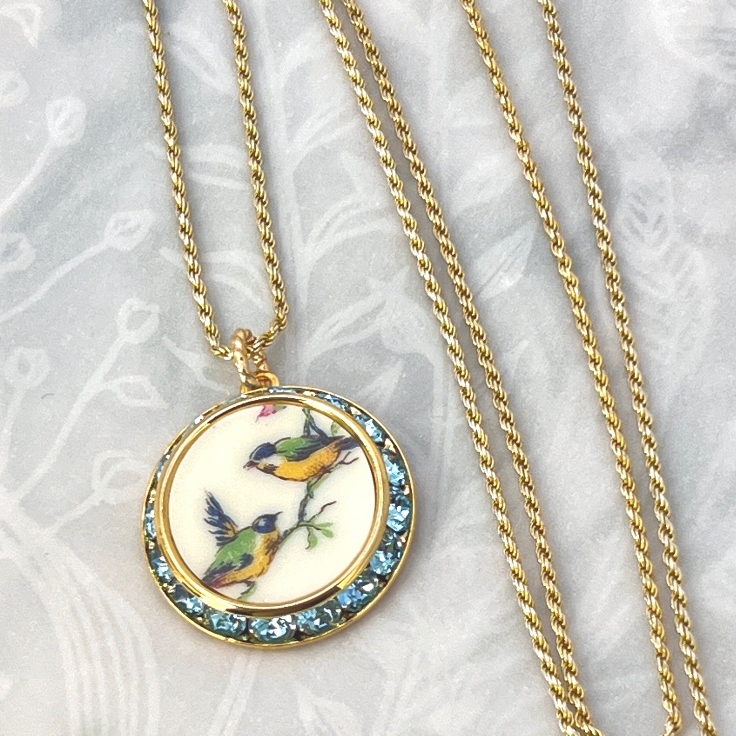 20th Anniversary Gifts for Wife, Antique China Love Birds Necklace, Gold Aqua Blue Crystal Necklace