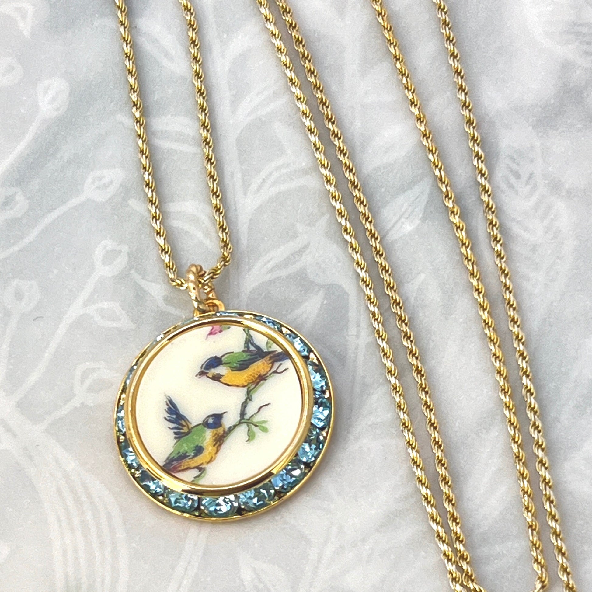 20th Anniversary Gifts for Wife, Antique China Love Birds Necklace, Gold Aqua Blue Crystal Necklace