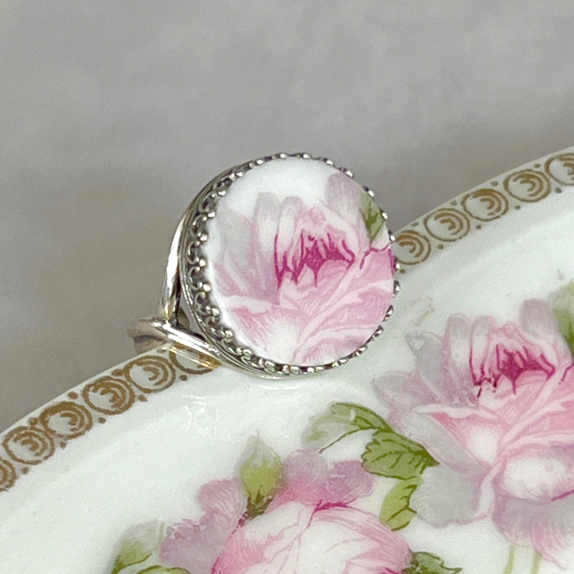 Blush Pink Silver Rose Ring, Vintage Broken China Flower Jewelry, Elegant Gifts for Women, Adjustable Ring