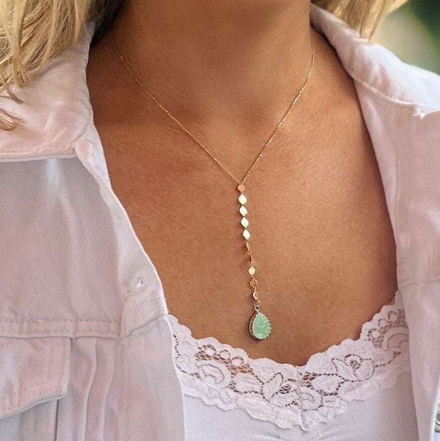 14k Gold Jadeite Glass Necklace, 3rd Anniversary Gift for Wife, Solid Gold Y Necklace, Alice Fire King Vintage Depression Glass Jewelry