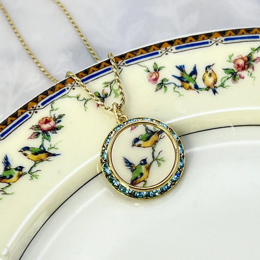 20th Anniversary Gifts for Wife, Antique China Love Birds Necklace, Gold Aqua Blue Crystal Necklace