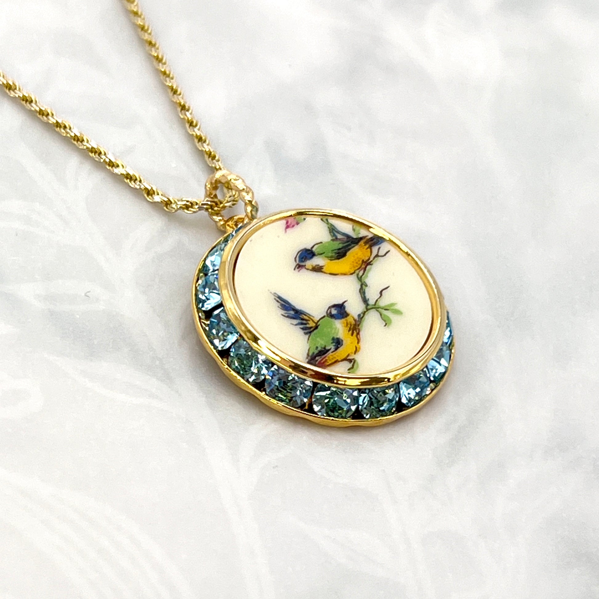 20th Anniversary Gifts for Wife, Antique China Love Birds Necklace, Gold Aqua Blue Crystal Necklace