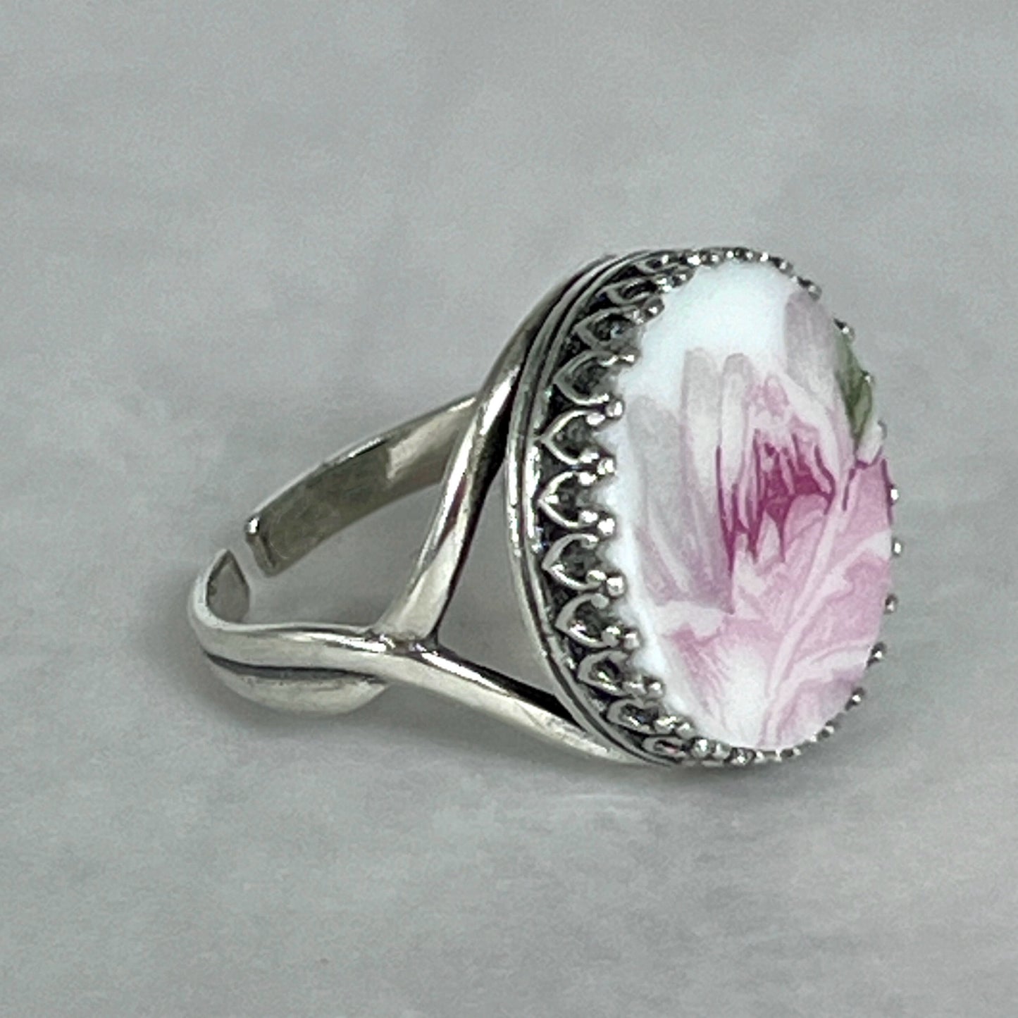 Blush Pink Silver Rose Ring, Vintage Broken China Flower Jewelry, Elegant Gifts for Women, Adjustable Ring