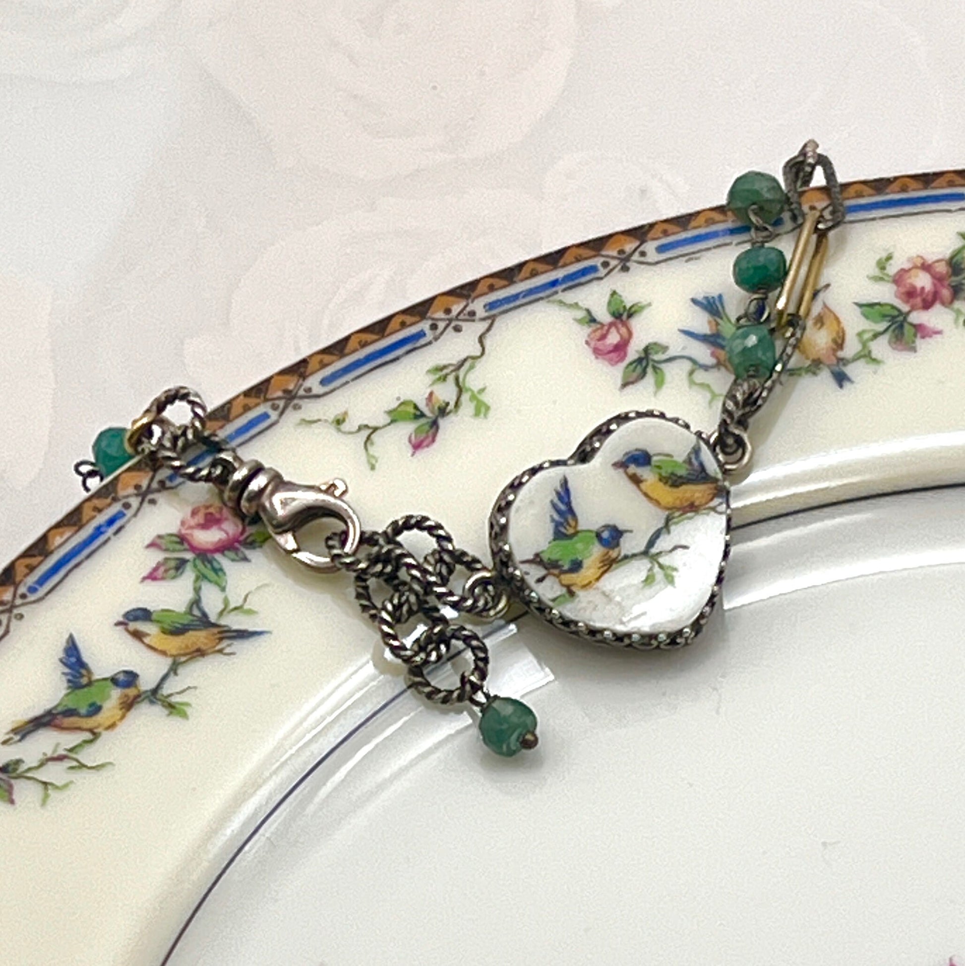 Emerald Gemstone Bracelet, Antique Limoges Porcelain, Love Birds Broken China Jewelry, 20th Anniversary Gift for Wife