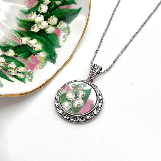 Crystal Lily of the Valley Pendant Necklace, Unique Broken China Jewelry Gifts for Women