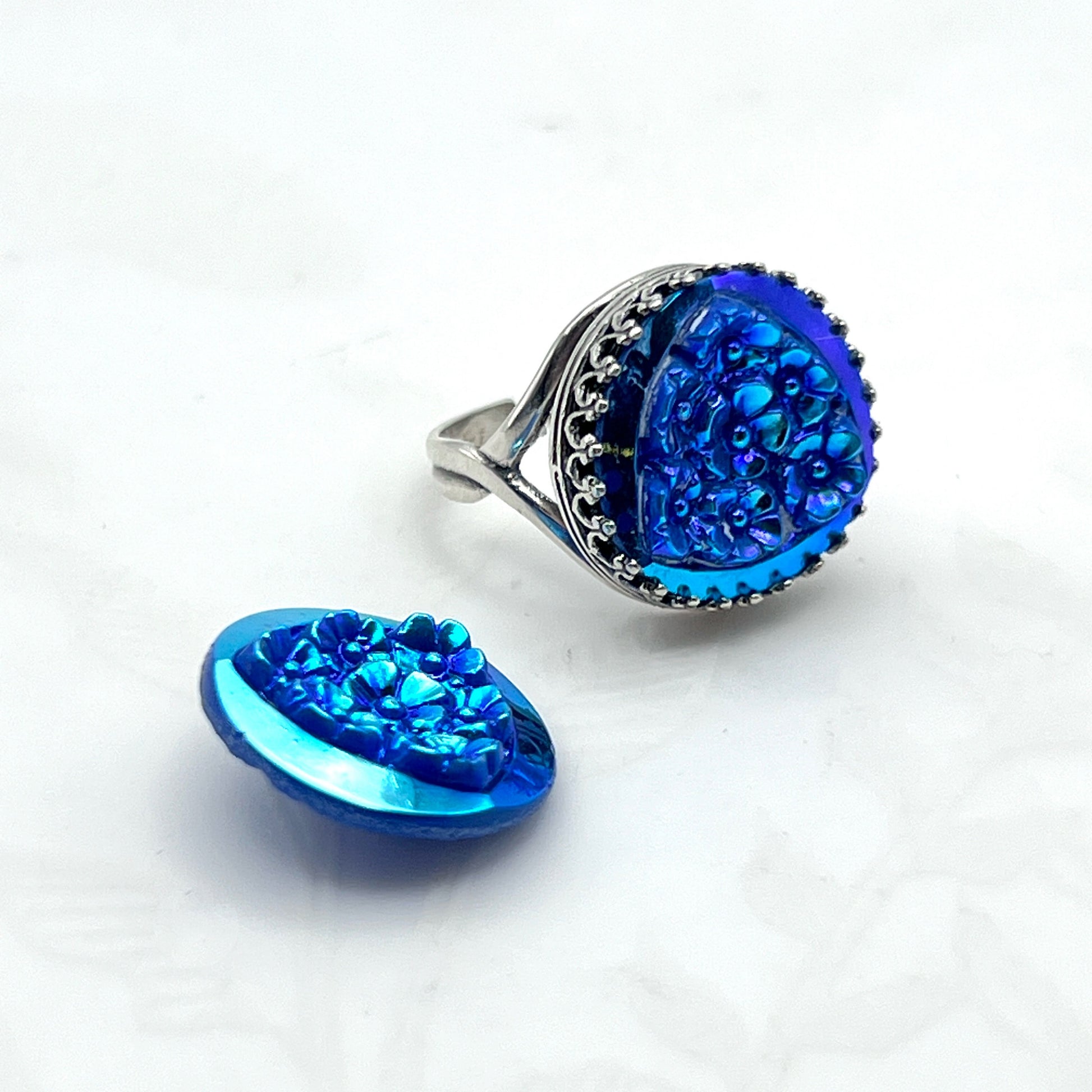 Vintage Forget-Me-Not Glass Button Jewelry, Sterling Silver Adjustable Statement Ring, Blue Irridized