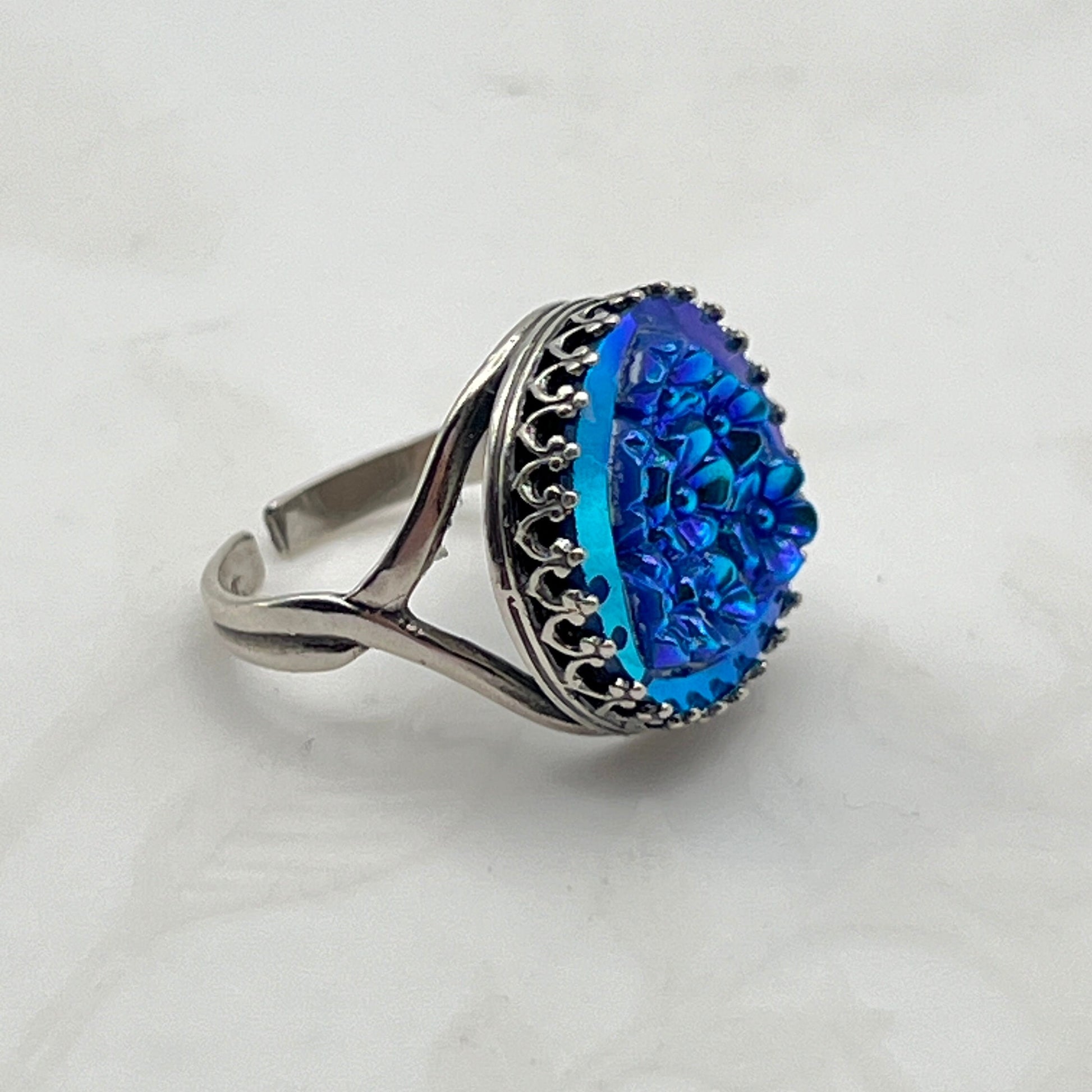 Vintage Forget-Me-Not Glass Button Jewelry, Sterling Silver Adjustable Statement Ring, Blue Irridized