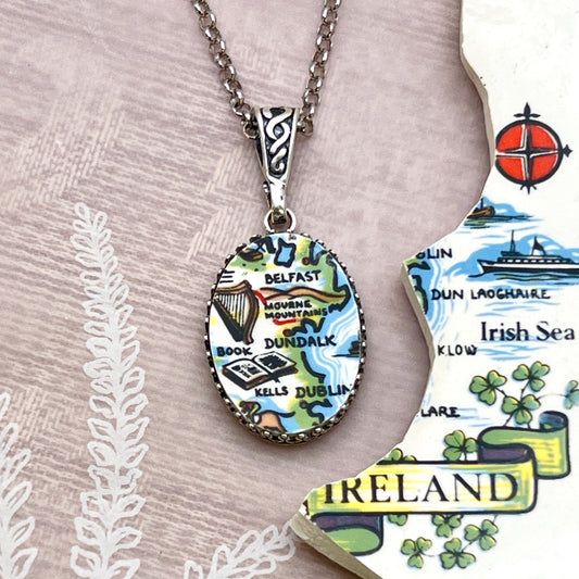 Vintage Map of Ireland Necklace, Sterling Silver Celtic Knot Broken China Jewelry, Unique Irish Gifts for Women