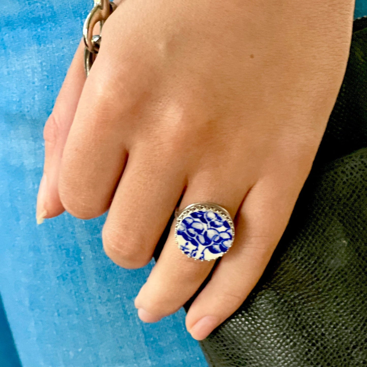 Blue Willow Tree Ring, Sterling Silver Ring for Women, Broken China Jewelry, Vintage Willow Ware China Jewelry