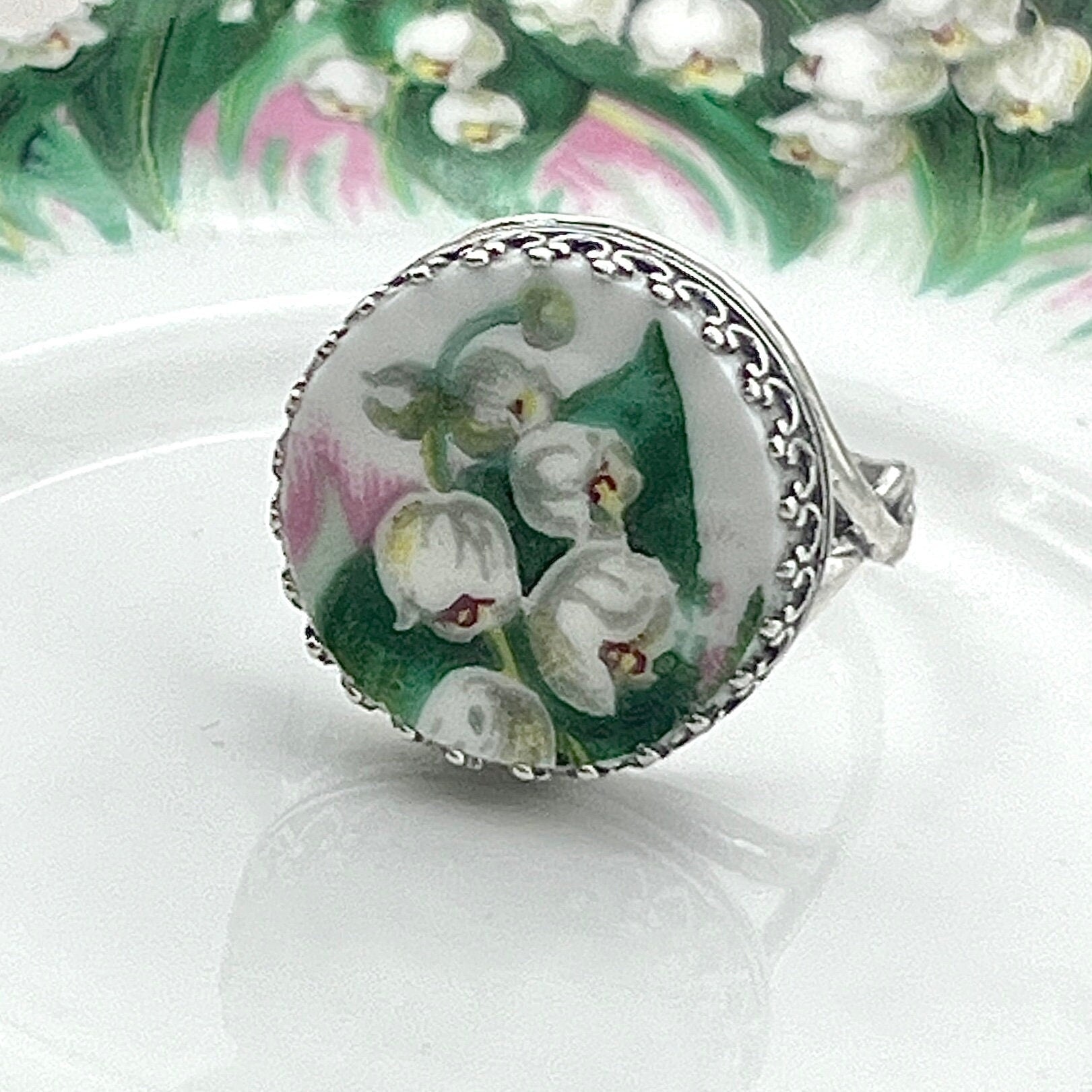Victorian Lily of the Valley Ring, Sterling Silver Adjustable Broken China Jewelry, Unique Gifts for Mom