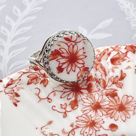 Vintage Shelley Dainty Orange China, Daisy Ring, Sterling Silver Adjustable Broken China Jewelry Ring for Women