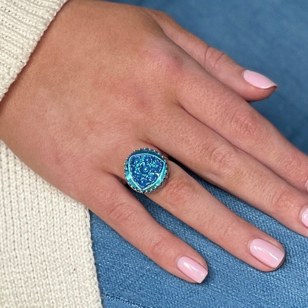 Vintage Forget-Me-Not Glass Button Jewelry, Sterling Silver Adjustable Statement Ring, Blue Irridized