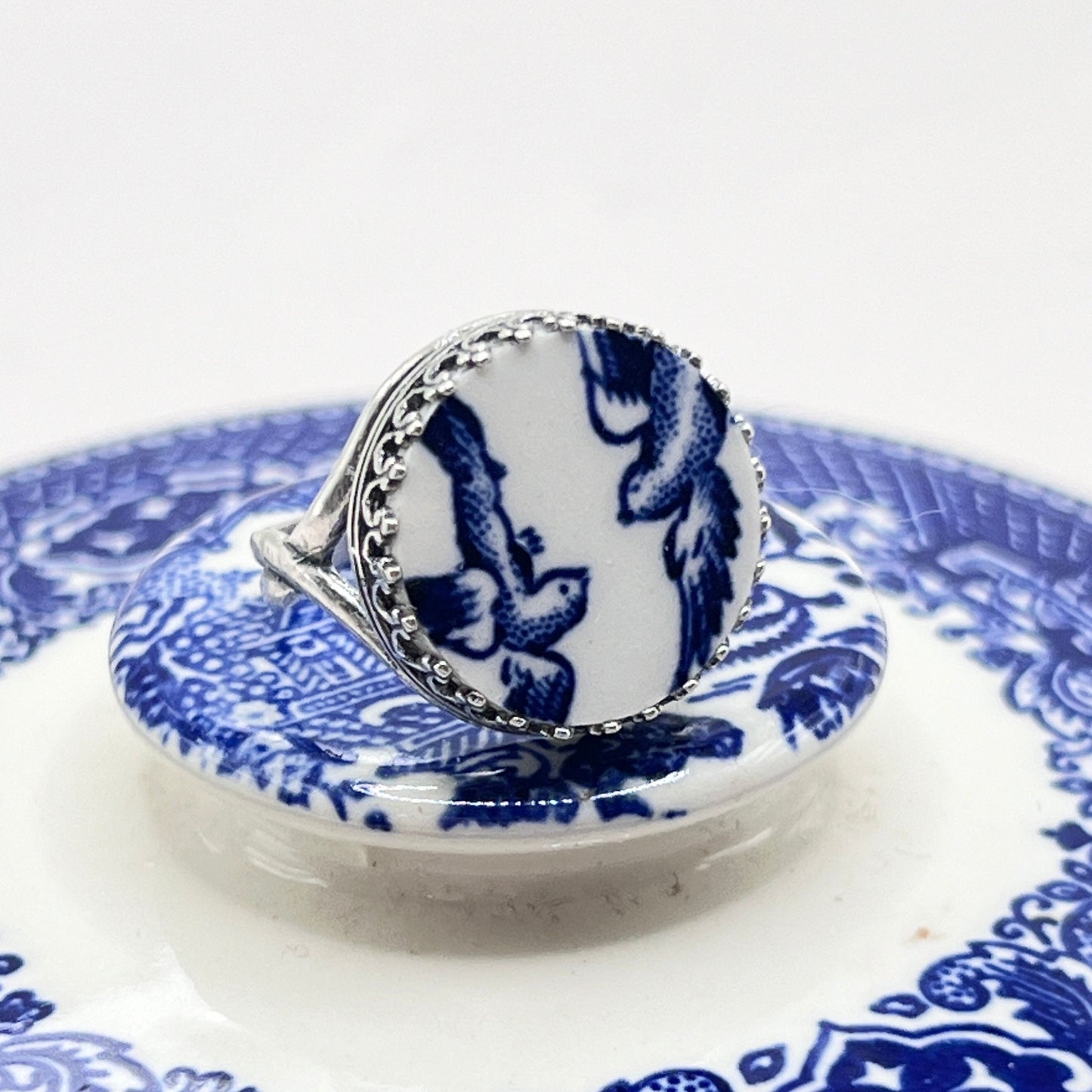 Blue Willow Love Birds, Silver Rings for Women, Broken China Jewelry, Romantic Anniversary Gift for Wife