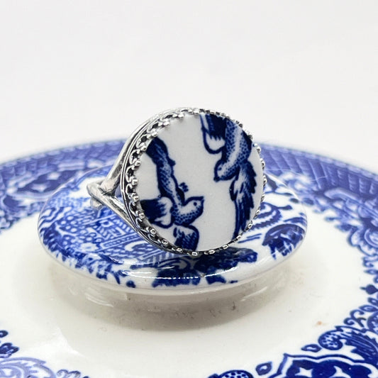Blue Willow Love Birds, Silver Rings for Women, Broken China Jewelry, Romantic Anniversary Gift for Wife