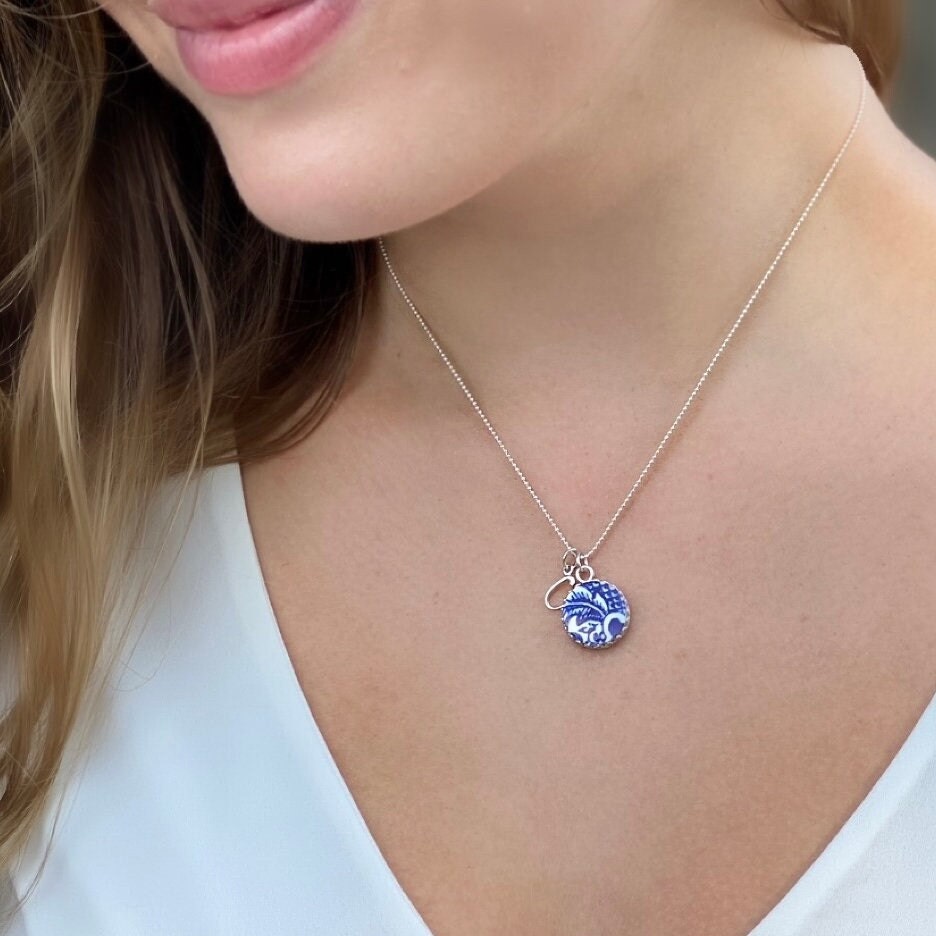 Adjustable Blue Willow Dainty Initial Necklace, Personalized Gifts, Broken China Jewelry, Unique Gifts for Women, Silver Letter Necklace