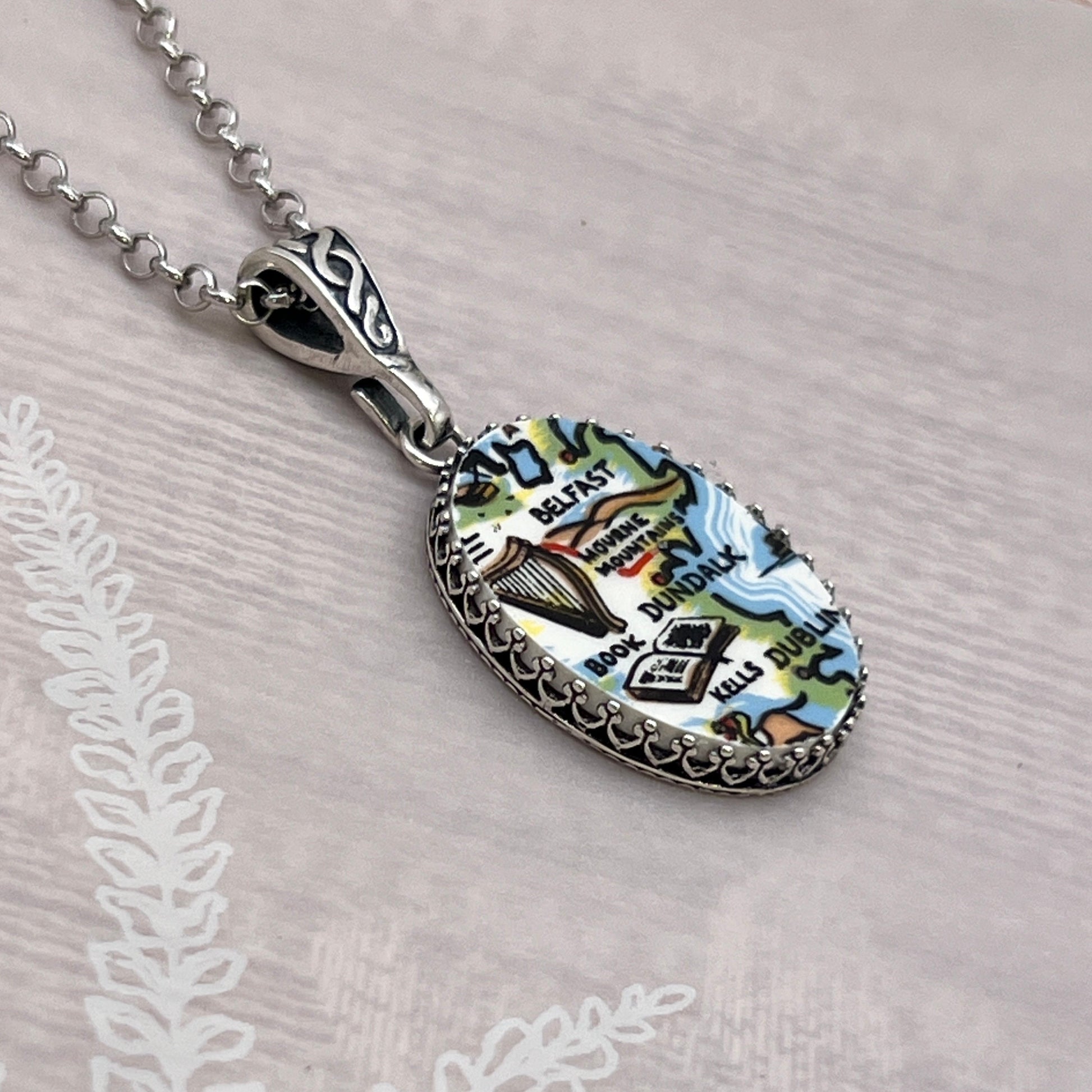 Vintage Map of Ireland Necklace, Sterling Silver Celtic Knot Broken China Jewelry, Unique Irish Gifts for Women