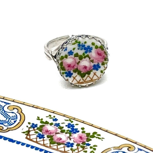 Dainty Forget Me Not Ring, French Limoges Broken China Jewelry, Sterling Silver