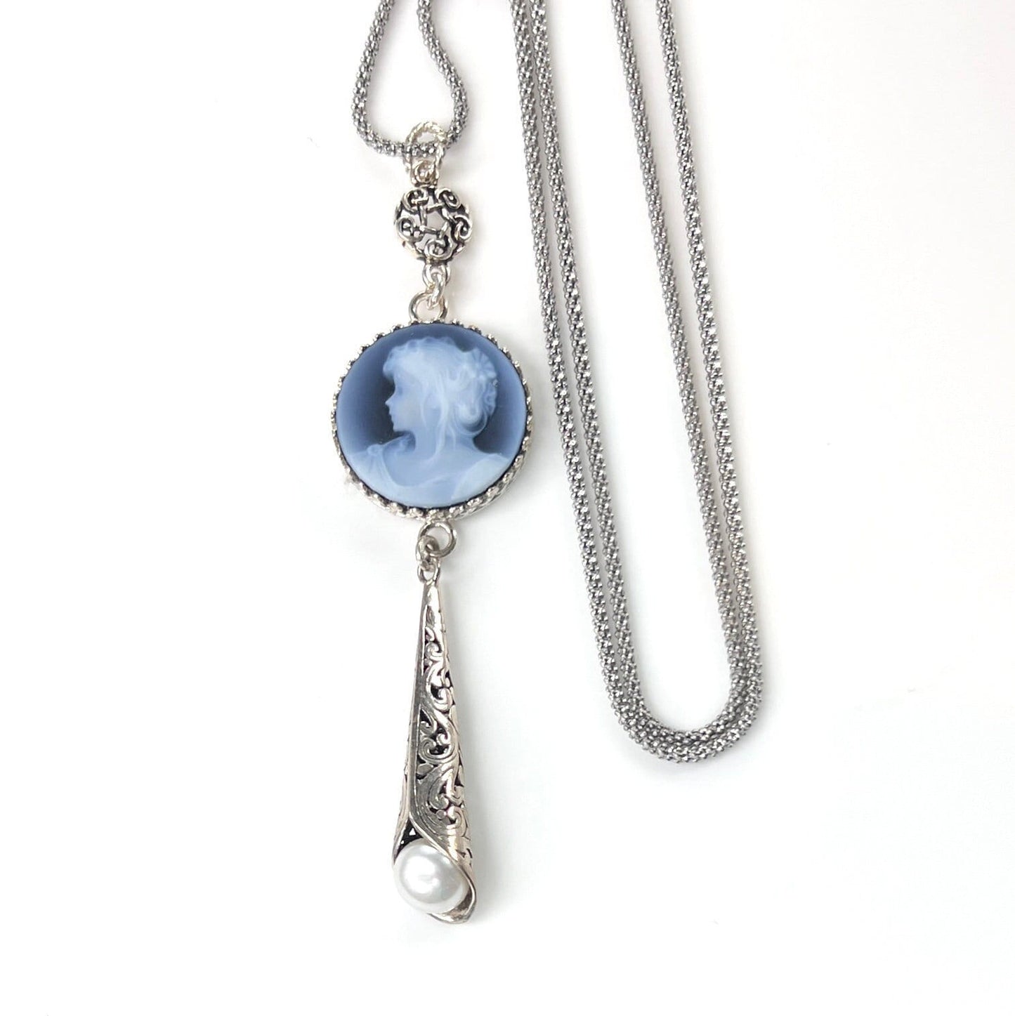 Adjustable Gemstone Cameo Long Necklace, Victorian Woman, Blue Cameo Jewelry, Sterling Silver, Unique Gifts for Wife, Pearl Drop Necklace