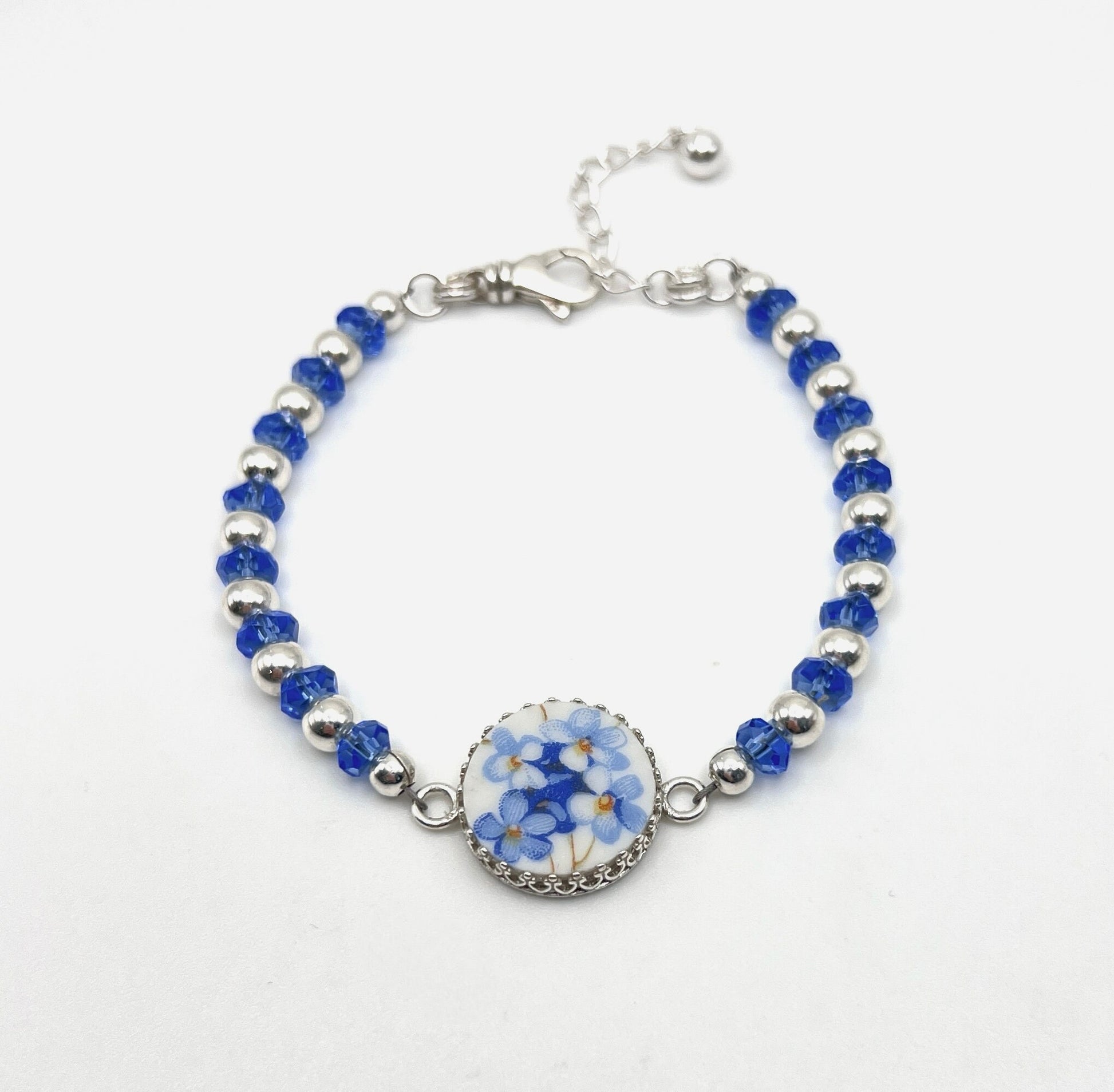 Sapphire Forget-Me-Not Broken China Bracelet, Unique Anniversary Gift for Her