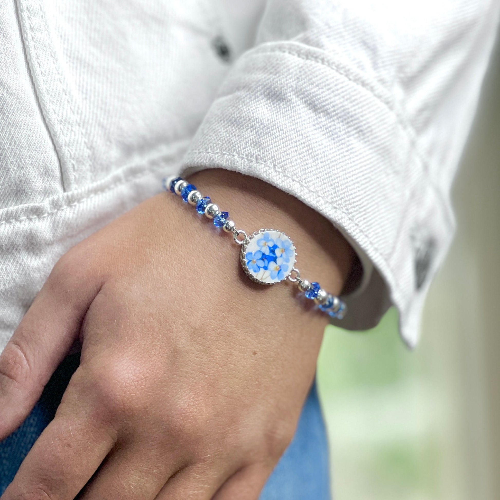 Sapphire Forget-Me-Not Broken China Bracelet, Unique Anniversary Gift for Her