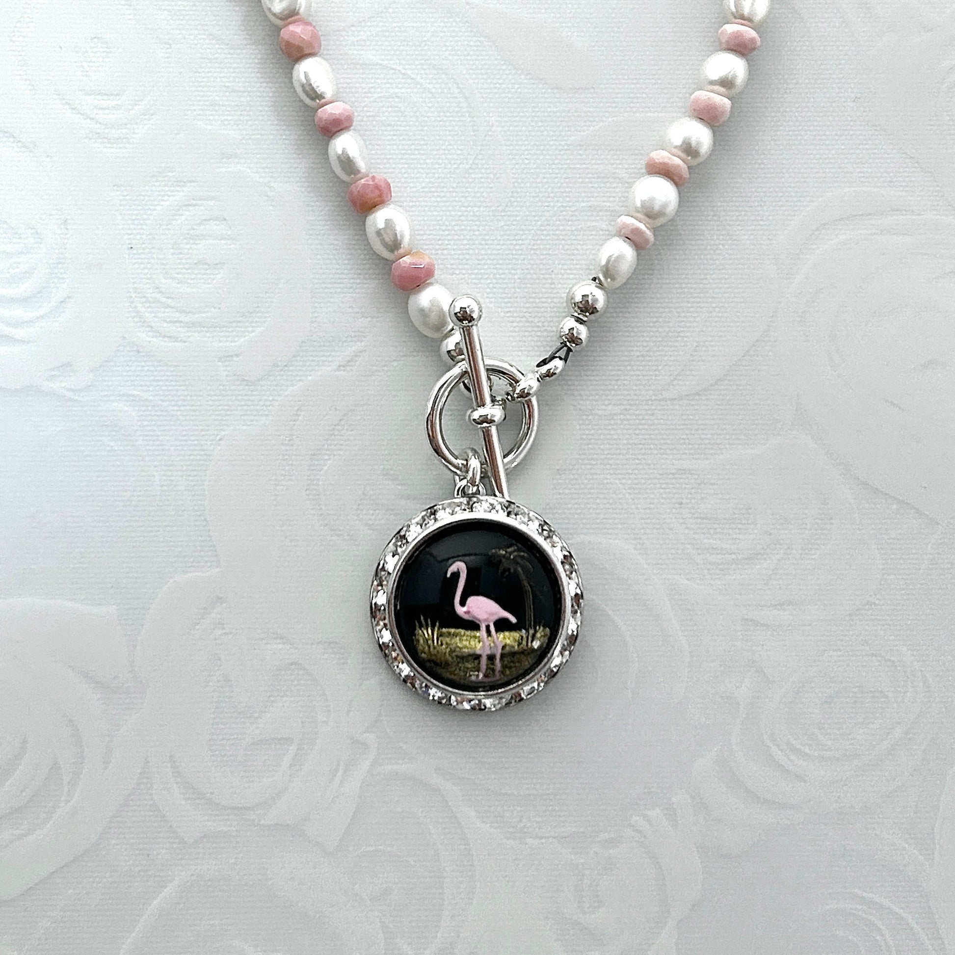 Vintage Pink Flamingo Necklace, Freshwater Pearl and Pink Opal Toggle Necklace, Summer Necklace