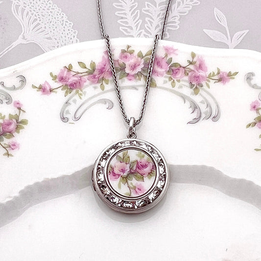 Adjustable Photo Locket Necklace, French Limoges Porcelain Broken China Jewelry, 18th Anniversary Gift for Wife