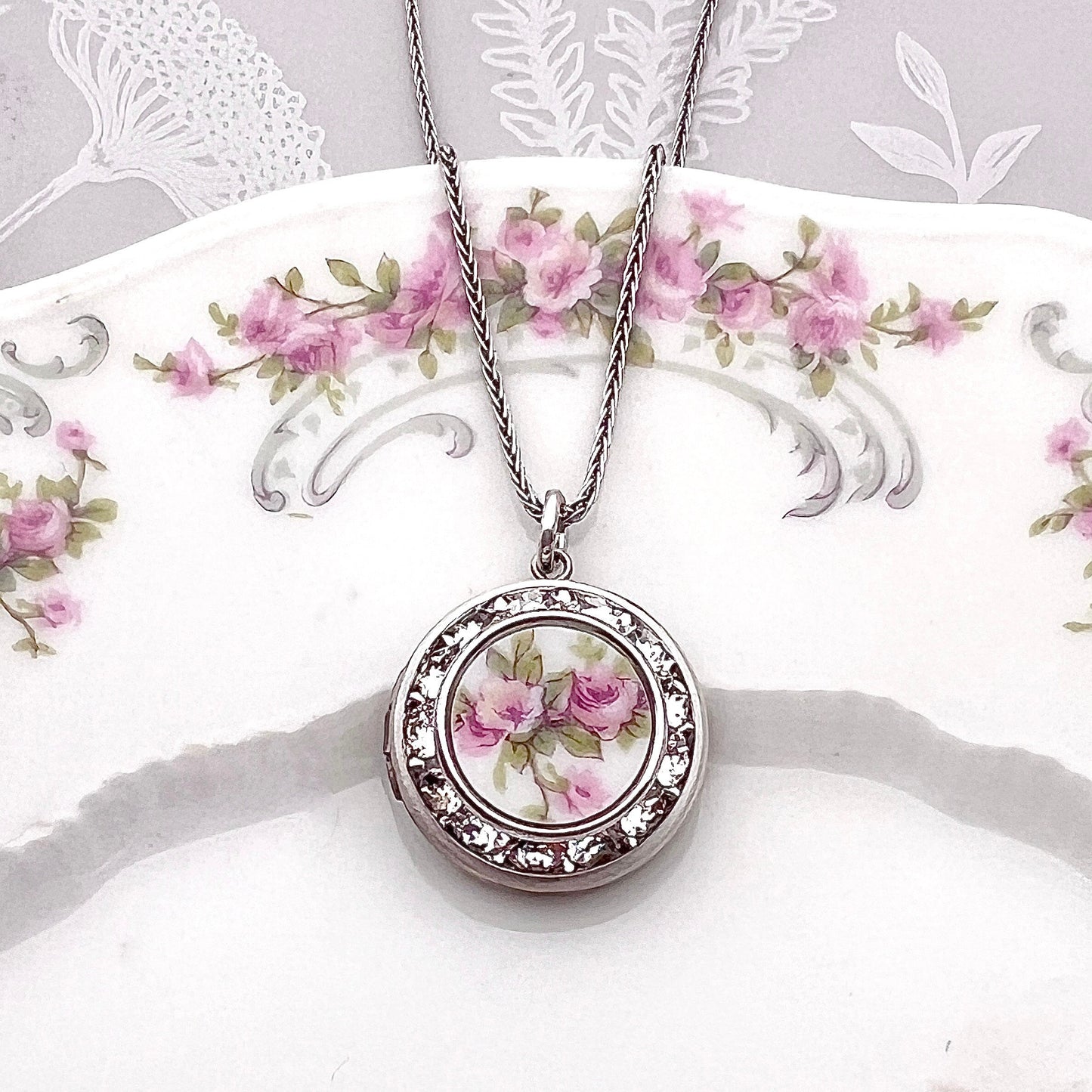 18th Wedding Anniversary Gift for Wife Photo Locket Necklace, Antique French Porcelain Broken China Jewelry, Sentimental Keepsake for Women