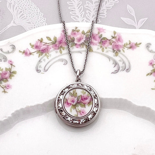 18th Wedding Anniversary Gift for Wife Photo Locket Necklace, Antique French Porcelain Broken China Jewelry, Sentimental Keepsake for Women