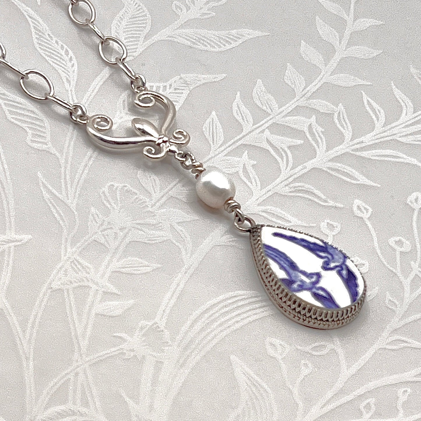 Love Birds Blue Willow Necklace, Broken China Jewelry, Romantic 20th Anniversary Gift for Wife Sterling Silver