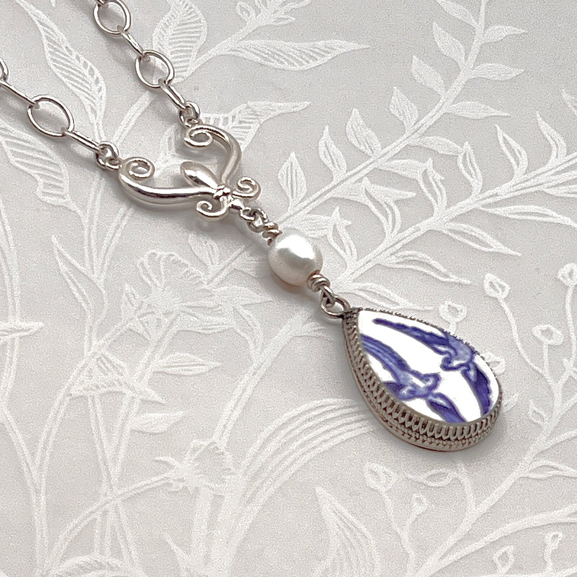 Love Birds Blue Willow Necklace, Broken China Jewelry, Romantic 20th Anniversary Gift for Wife Sterling Silver